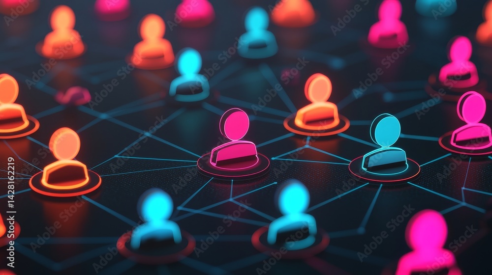 Poster colorful network of user icons connected by lines representing communication.