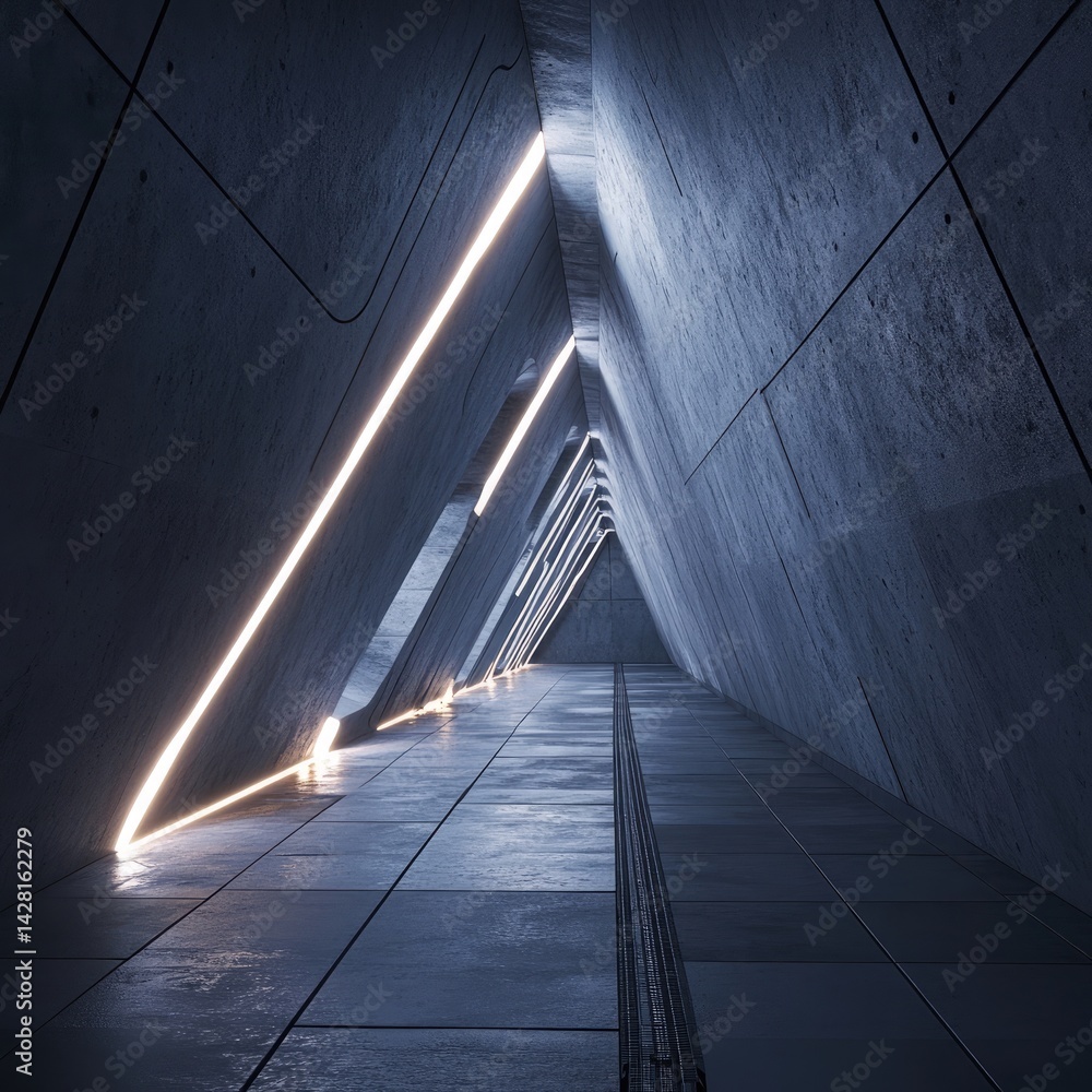 Poster futuristic underground pathway with triangular design and glowing elements