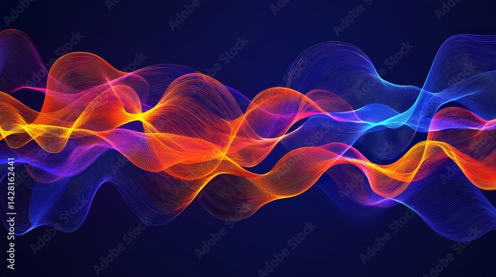 Poster colorful abstract waves on a dark background with intricate lines.