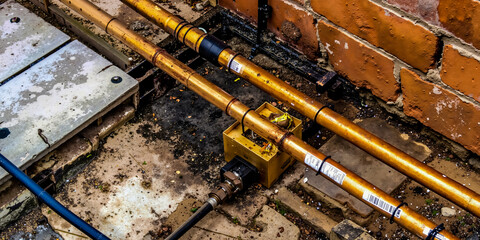 A couple of pipes that are next to a brick wall