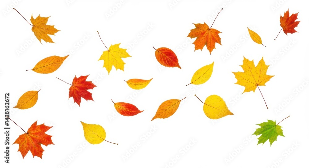 Poster scattered autumn leaves in various colors isolated on a white background creating a fall pattern