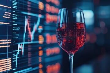 Wine glass in front of a financial data screen.