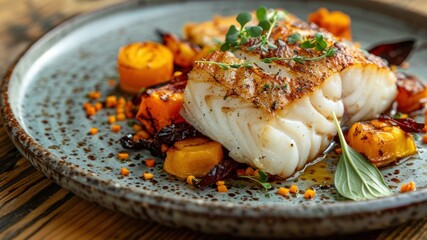 A beautifully plated fish dish with vegetables and herbs.