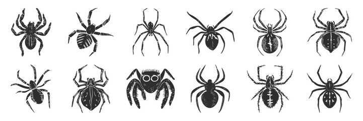 Spider Silhouettes Collection. Diverse Arachnid Designs For Nature And Halloween Themes. Isolated Vector Illustration Set