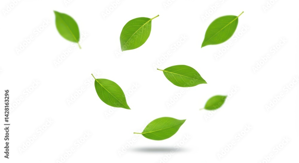 Poster a group of seven green leaves are scattered on a white background in a random arrangement pattern de