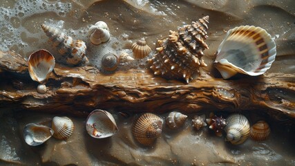 A serene arrangement of seashells on driftwood by the shore.