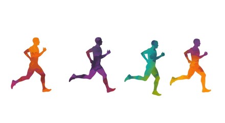 Four running male silhouettes in a low poly geometric style, each filled with a distinct gradient color palette including orange, purple, teal, and yellow, isolated on a transparent background.