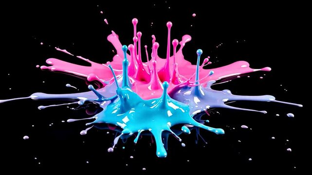 Abstract splashes of pink and turquoise paint form a colorful art illustration on black.