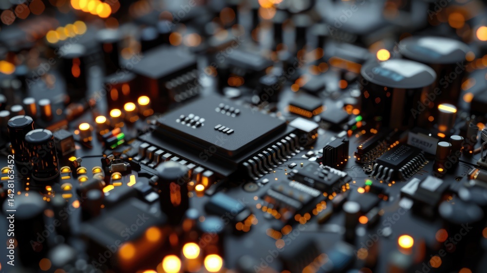 Aufkleber this image showcases a close-up view of an electronic circuit board with illuminated elements, highl