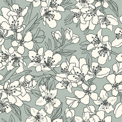 Hand drawn linear floral background. Fabric and surface pattern design with sakura flowers. Vector seamless pattern. Apple tree and cherry blossom decorative allover print.