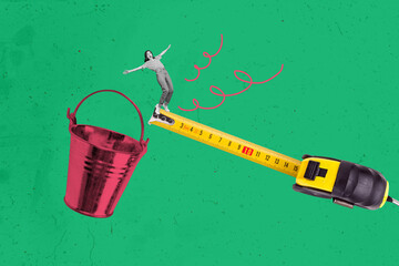 Trend artwork sketch photo collage of big size ruler tool handyman building equipment young lady...