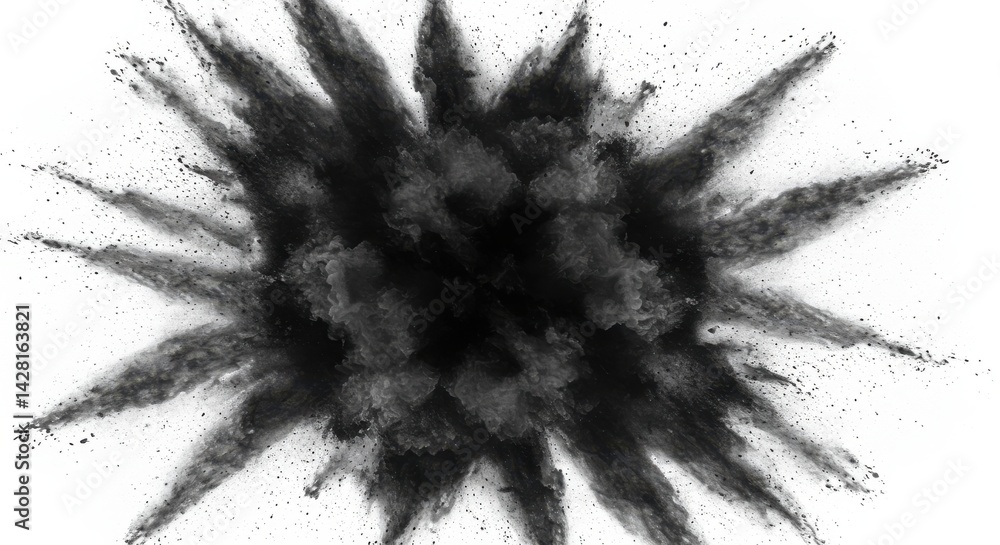 Poster a burst of dark powder exploding outward against a stark white background in a dynamic display of mo