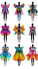 A set of six different colored dresses with wings on them