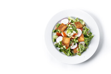 Fattoush salad, Traditional Lebanese Salad isolated on white background. Top view. Copy space