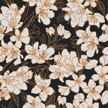 Hand drawn linear floral background. Fabric and surface pattern design with sakura flowers. Vector seamless pattern. Apple tree and cherry blossom decorative allover print.