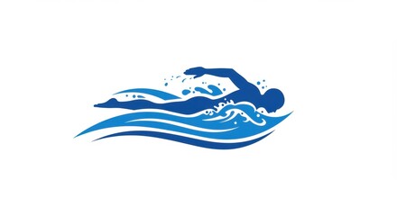 Professional blue swimmer icon logo design on waves isolated on white background