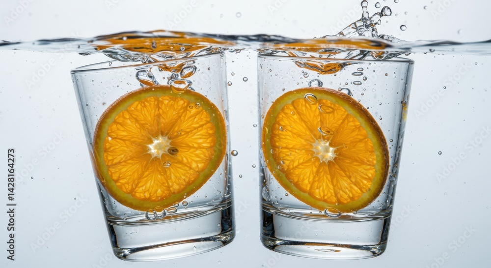 Poster two glasses with orange slices submerged in water creating a splash effect on a light background