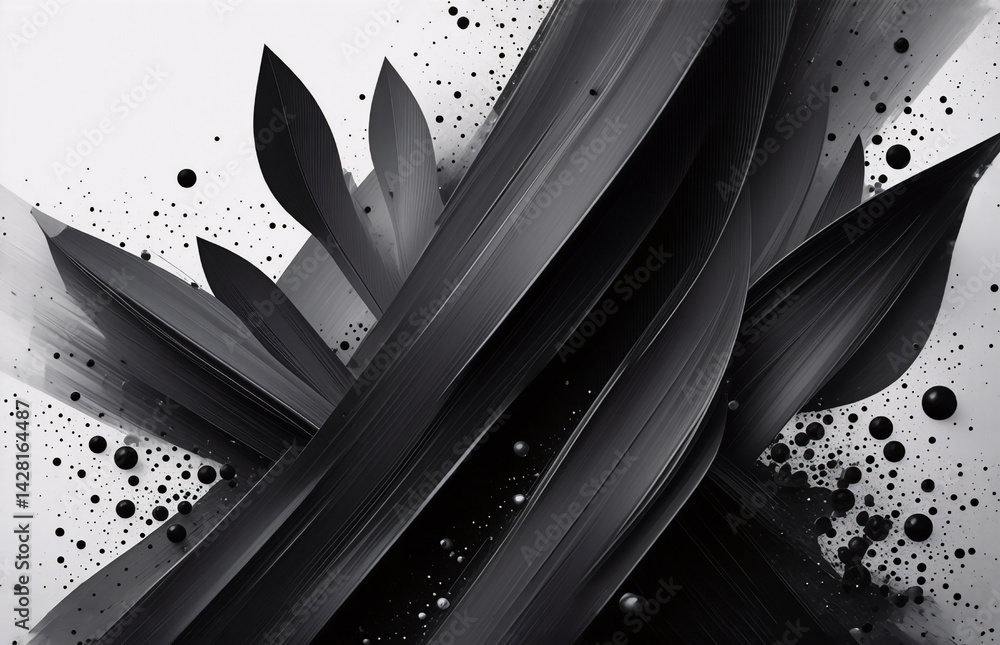 Poster abstract grayscale artwork featuring stylized, dark leaves and splatters, creating a dynamic, almost