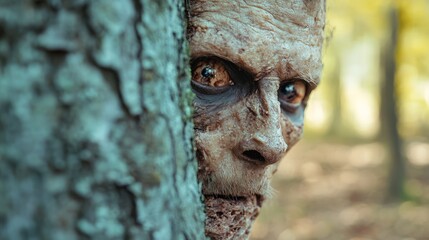 Creepy undead creature lurking behind a tree trunk in a dark, spooky forest during a zombie apocalypse, intensifying the suspenseful and eerie atmosphere of the scene