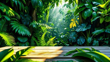 Table top wood counter floor podium in nature outdoors tropical forest garden blurred green jungle plant background.natural product present placement pedestal stand display,