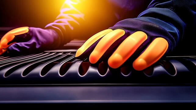 Close-up of a gloved hand manipulating a sleek, modern keyboard in a dynamic lighting setup