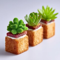 Gourmet canapes selection, gold-dusted micro herbs, pure white environment