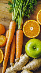 A bunch of carrots oranges apples and ginger on a wooden table