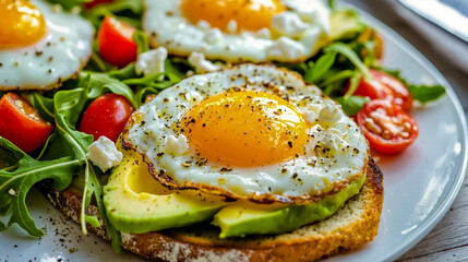 A white plate topped with a sandwich covered in avocado and two fried eggs
