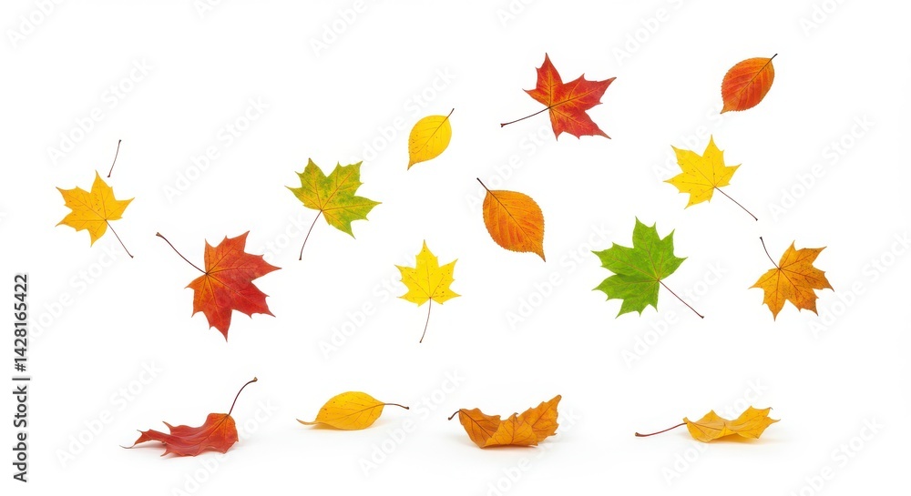 Aufkleber assorted autumn leaves in various colors scattered on a plain white background in a studio setting