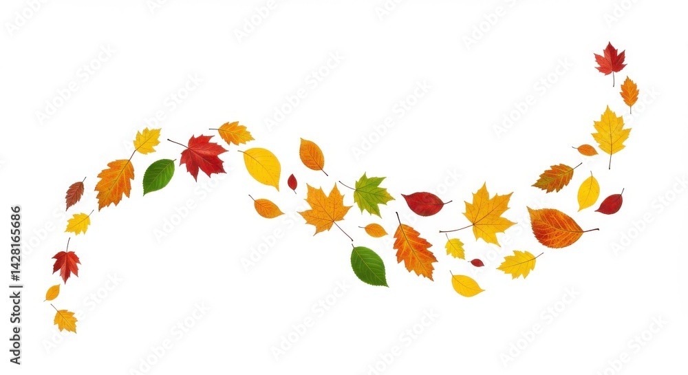 Aufkleber a wave of colorful autumn leaves isolated on a white background in a curved line pattern