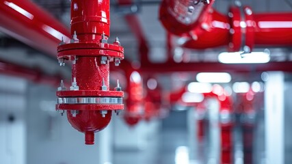 Close-up of red industrial pipes in a modern facility.
