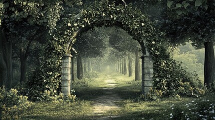 Enchanted woodland path leads through a lush archway.