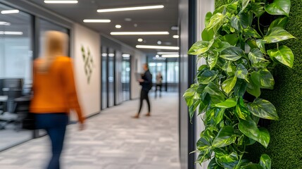 Close Up of Green Wall Featuring Lush Plant in Modern Office Space