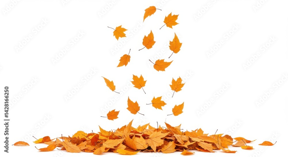 Poster falling autumn leaves in a heap against a white background in a studio shot for design elements