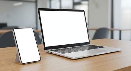 Fototapeta premium Laptop and Smartphone Mockup on Wooden Desk with Blurred Office Background – A Modern Workspace Design Template.