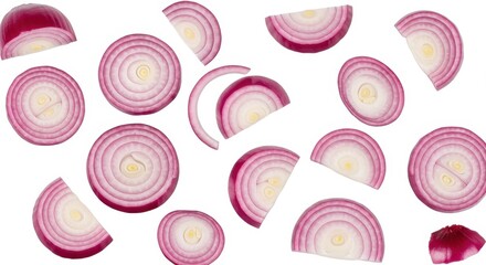 Scattered slices of red onion arranged on a white surface in a visually appealing composition style