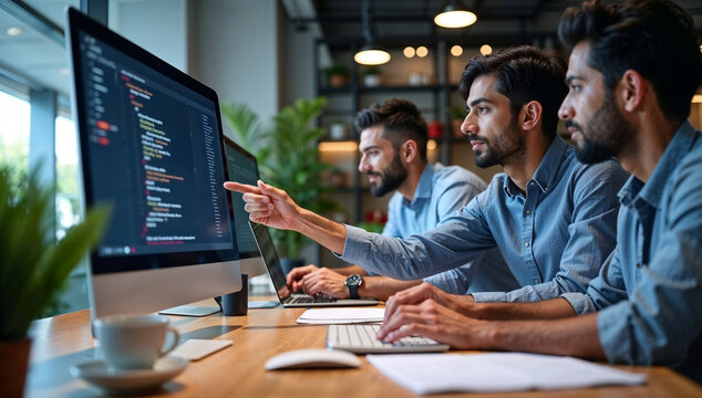 Indian software developer and supervisor collaborating in IT office discussing programming solutions and project progress during agile development session