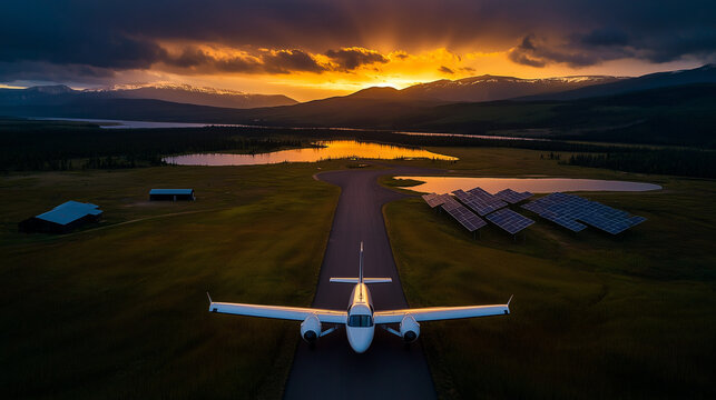 Electric aircraft taking off at sunset promoting sustainable aviation and green technology in nature