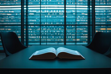 Open book on a table in a modern server room