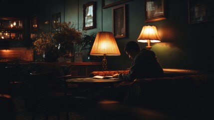 Dimly lit interior, a person engrossed in reading.