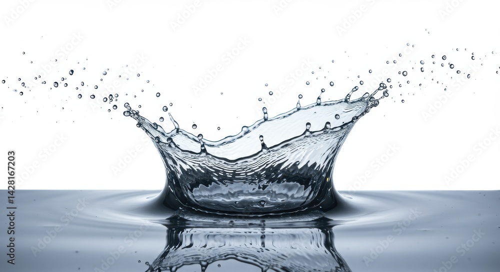 Poster a clear water droplet creating a splash and crown shape on a white background in a studio