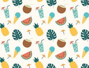 Seamless pattern with summer drinks, tropical fruits and ice cream. Coconut, refreshing drink with ice, pineapple, monstera leaf. Summer background in pleasant warm colors. Print for printing, designs