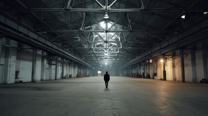 Industrial interior, a solitary figure walking through a vast, abandoned warehouse.