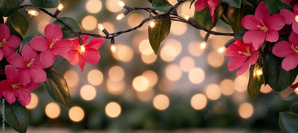 Poster pink spring flowers and warm string lights create a magical bokeh background for spring or summer