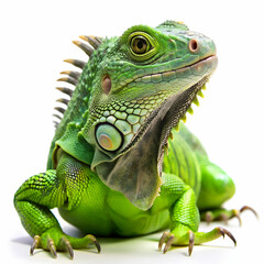 Obraz premium Vibrant green iguana isolated on a pure white background, showcasing its textured scales, spiky crest, and calm,