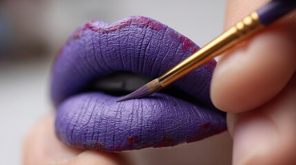 Artistic application of deep purple lip color with intricate design.