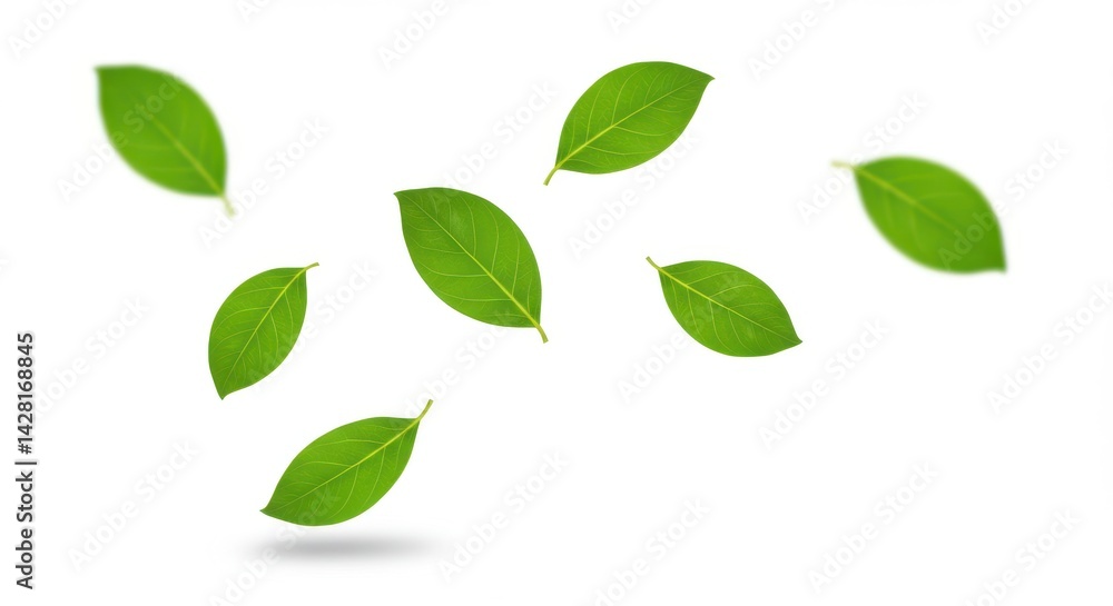 Aufkleber seven green leaves scattered on a white background creating a simple and clean composition image