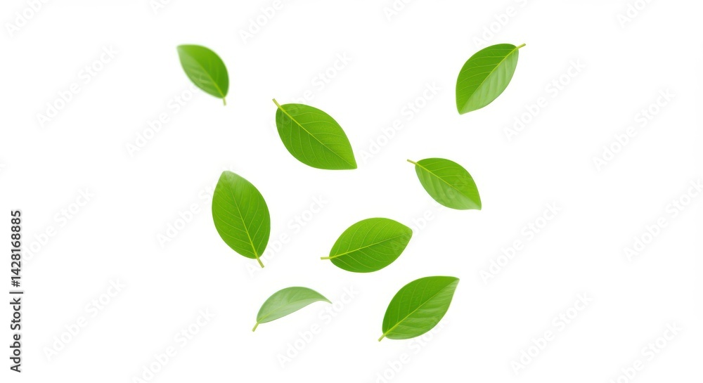 Poster scattered green leaves on a white background creating a minimalist and natural composition for desig
