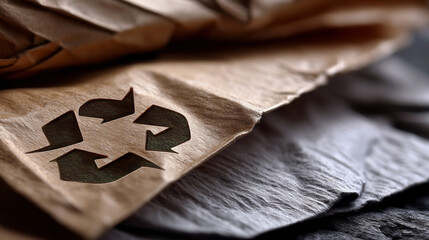 recycling symbols on a paper product, extreme close-up, kraft paper texture visible