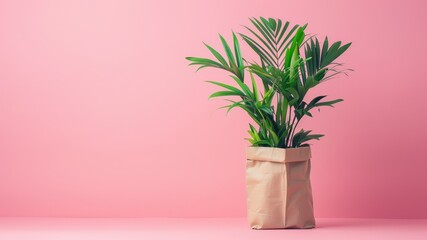 A lush green plant in a beige pot against a pink backdrop.